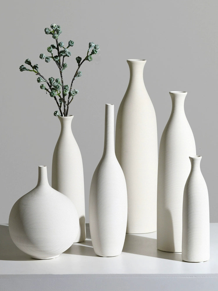 Modern minimalist style, white plain burnt brushed ceramic vase set, model room, living room, dining table, home furnishings