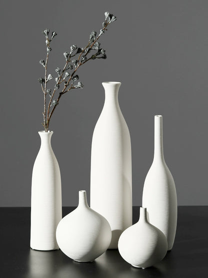 Modern minimalist style, white plain burnt brushed ceramic vase set, model room, living room, dining table, home furnishings