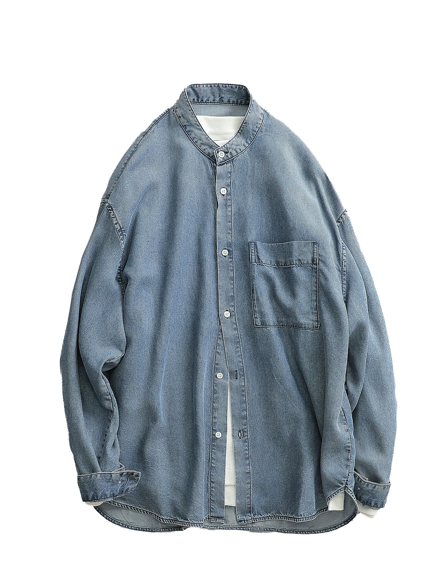 Minimalist light luxury Japanese retro Tencel drape collarless denim long-sleeved shirt men