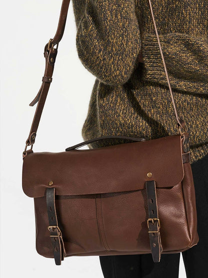 Gikani Vintage Trendy Cowhide Postman Messenger Bag Flap One Shoulder Crossbody Bag Men's Casual Commuter Computer Bag