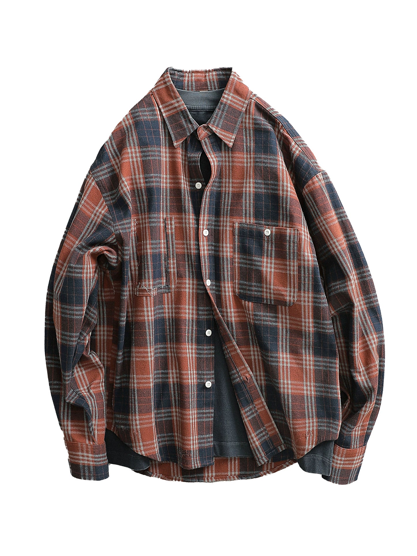 Japanese tide cityboy style wear sanded plaid small square neck cargo shirt male