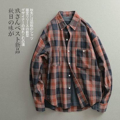 Japanese tide cityboy style wear sanded plaid small square neck cargo shirt male