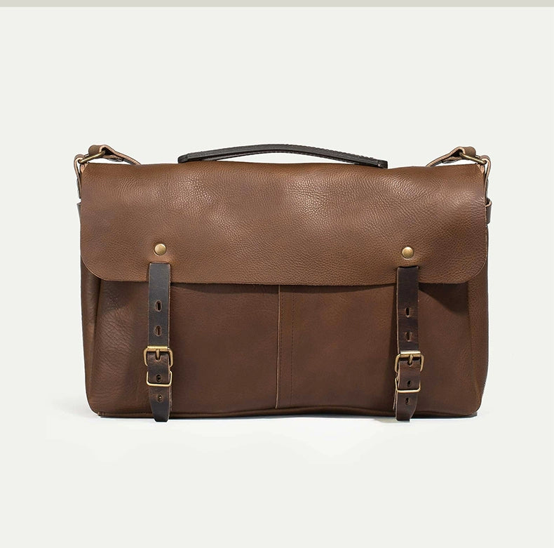 Gikani Vintage Trendy Cowhide Postman Messenger Bag Flap One Shoulder Crossbody Bag Men's Casual Commuter Computer Bag