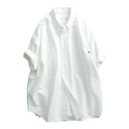 【Mikawa】Summer Japanese cityboy style Oxford spun washed button-down collar Wide-sleeved short-sleeved shirt men